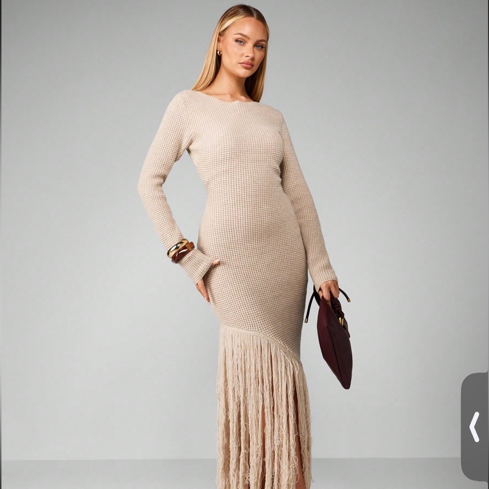Missguided Beige Long Sleeve Fringe Dress